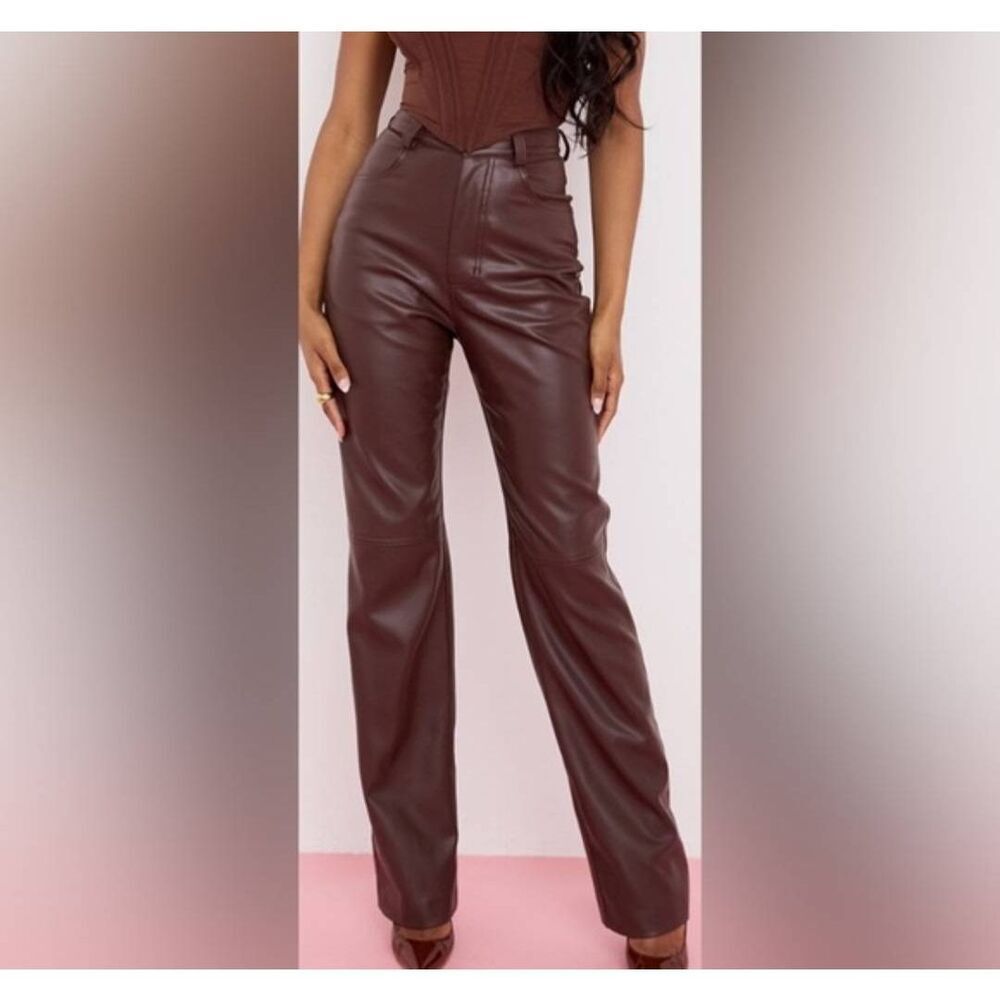 House of CB Inaya Dark Brown Stretch Vegan Leather Trousers Size Medium